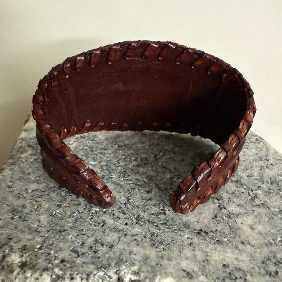 Green and Brown Leather Cuff Bracelet with Floral Centerpiece - Picture 7 of 9